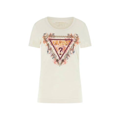 T-shirt Donna slim, a girocollo, con stampa logo triangolo floreale